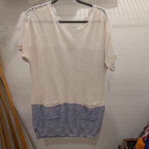 Moth Size Medium White and Blue Metallic Knit Top with Lace Details